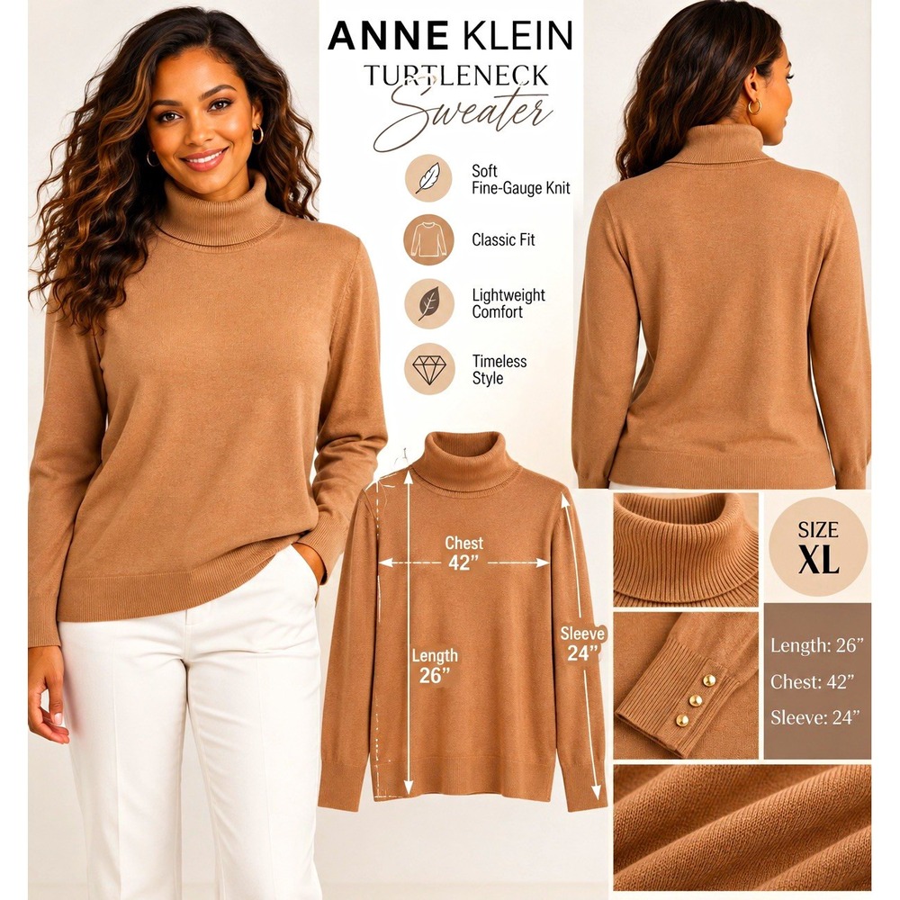 Anne Klein Women's XL Tan Turtleneck Fine Gauge Knit Pullover Sweater Classic